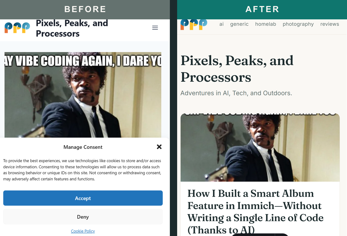 Before and after: WordPress with the Complianz cookie dialog on the left, the new Astro homepage without any consent banner on the right